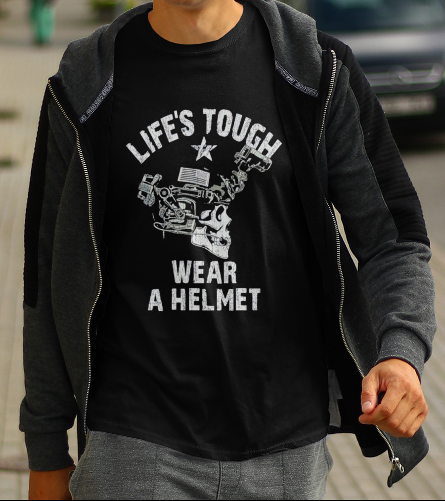 Life's Tough Wear A Helmet Skull Graphic With Mechanical Elements T-Shirt