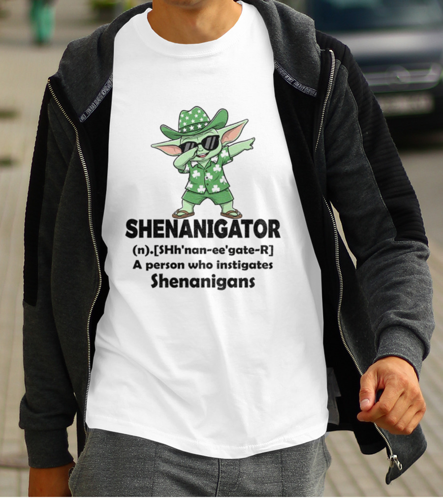 Shenanigator Baby Yoda Leprechaun Outfit Dabbing Fun Instigates Shenanigans T-Shirt