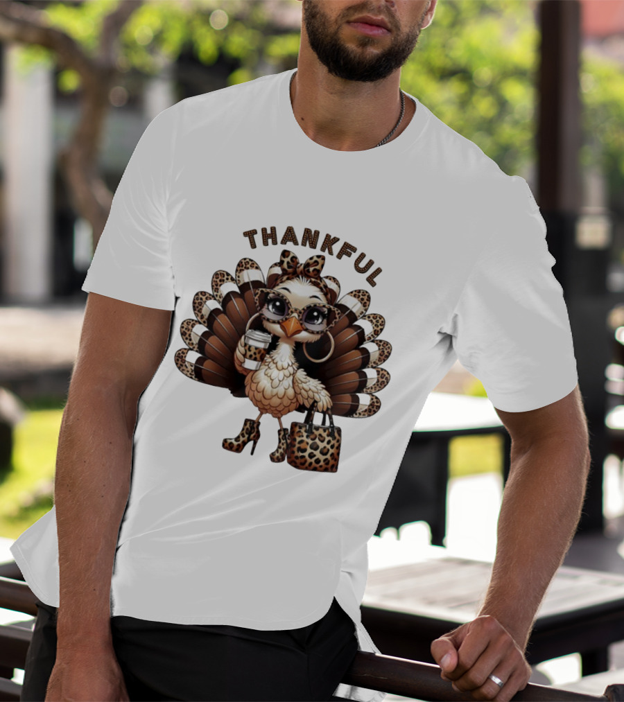 Thankful Leopard Print Turkey Coffee Lover Fashionista T-Shirt