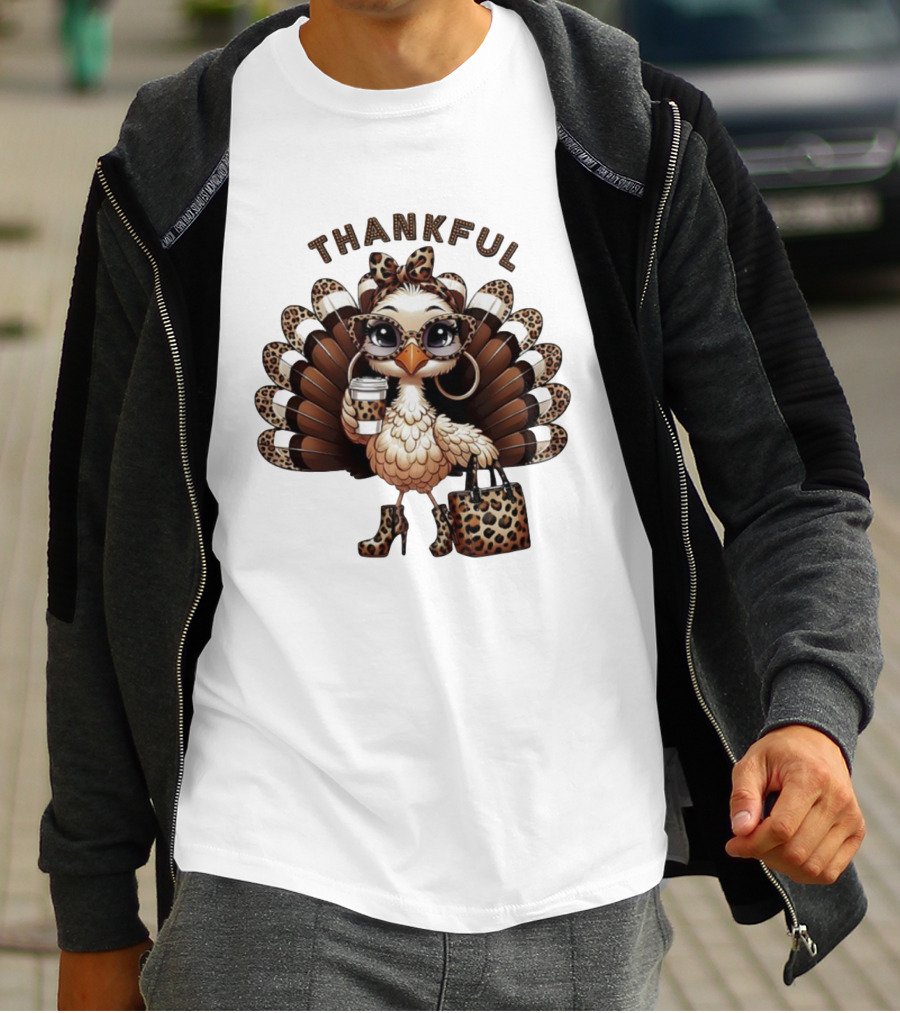 Thankful Leopard Print Turkey Coffee Lover Fashionista T-Shirt