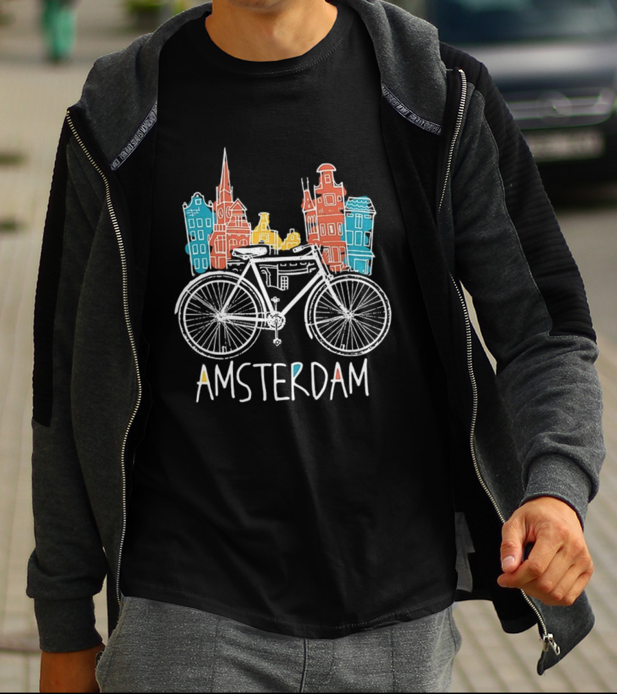 Amsterdam Bicycle Skyline Colorful Sketch Houses T-Shirt