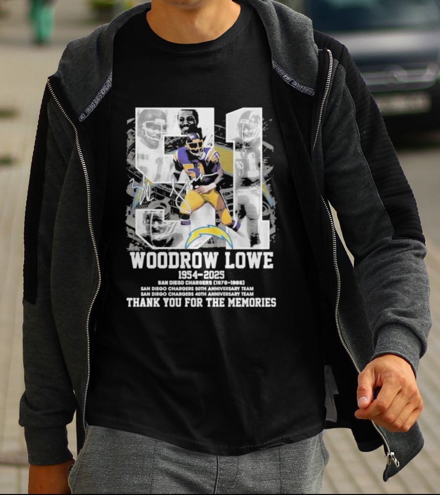Woodrow Lowe 1954-2023 San Diego Chargers Anniversary Team Thank You For The Memories T-Shirt