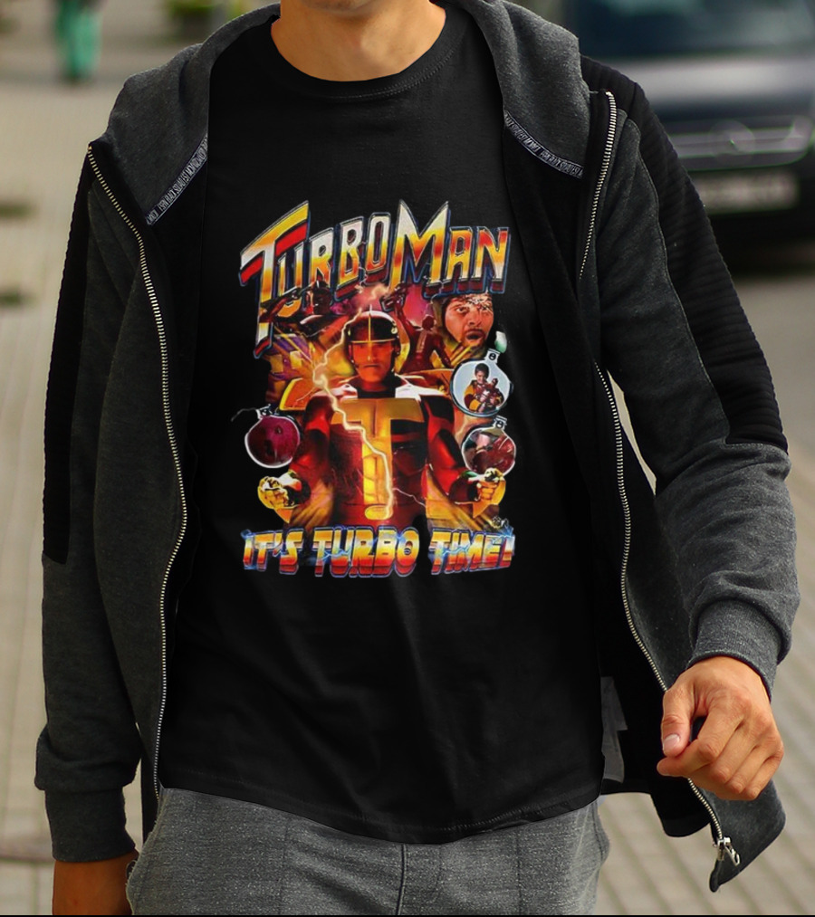 Turbo Man It's Turbo Time Christmas Bauble Lightning Hero Scene T-Shirt