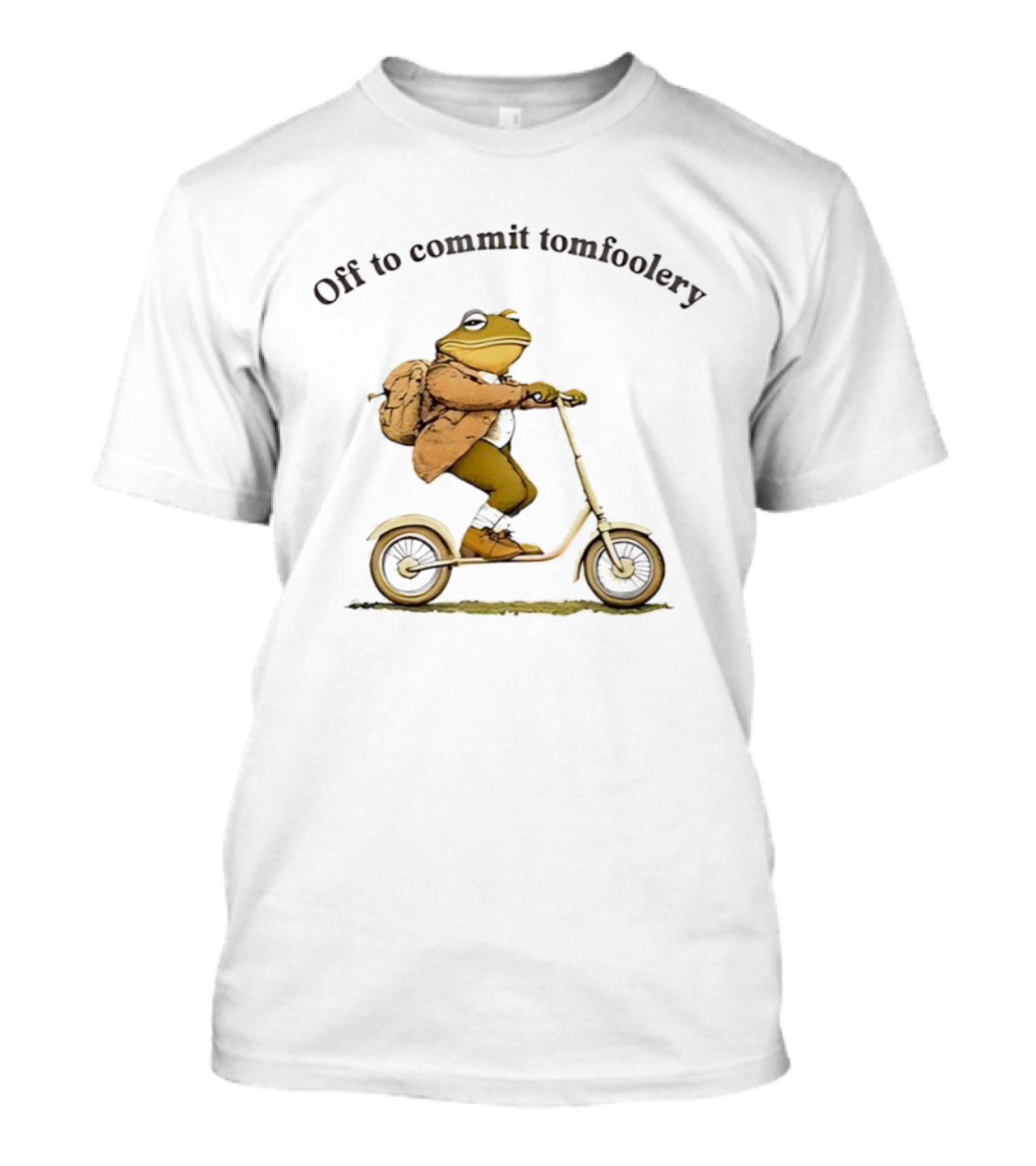Off To Commit Tomfoolery Frog Riding Scooter With Backpack T-Shirt