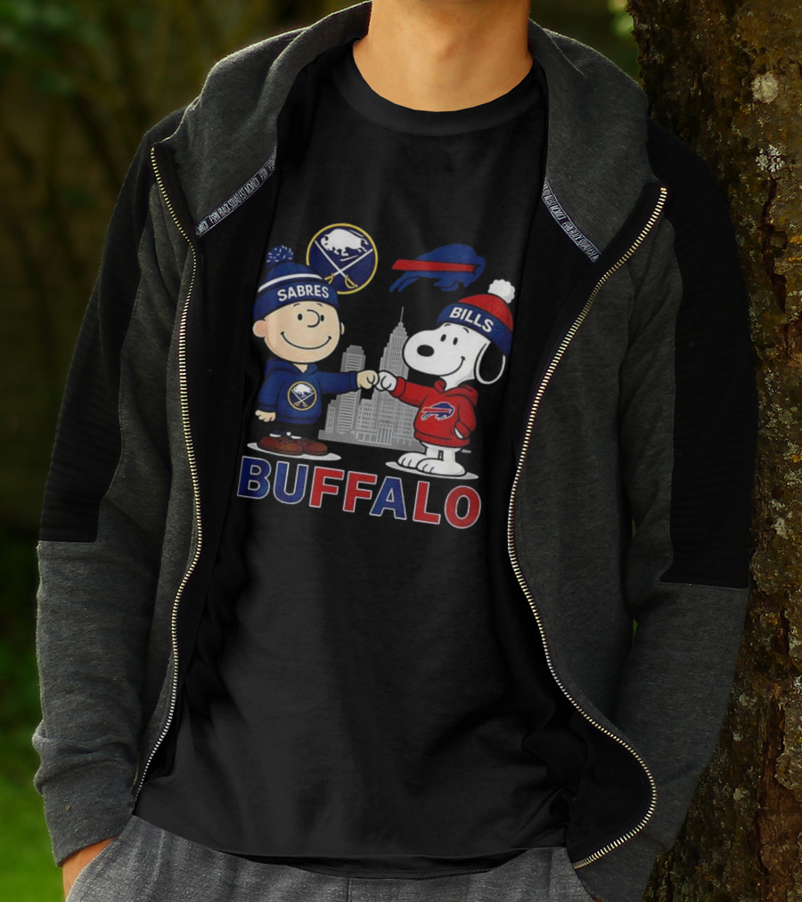 Charlie Brown Snoopy Buffalo Sabres Bills Skyline Fist Bump T-Shirt