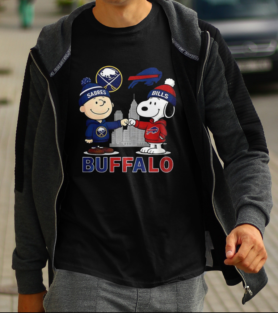 Charlie Brown Snoopy Buffalo Sabres Bills Skyline Fist Bump T-Shirt