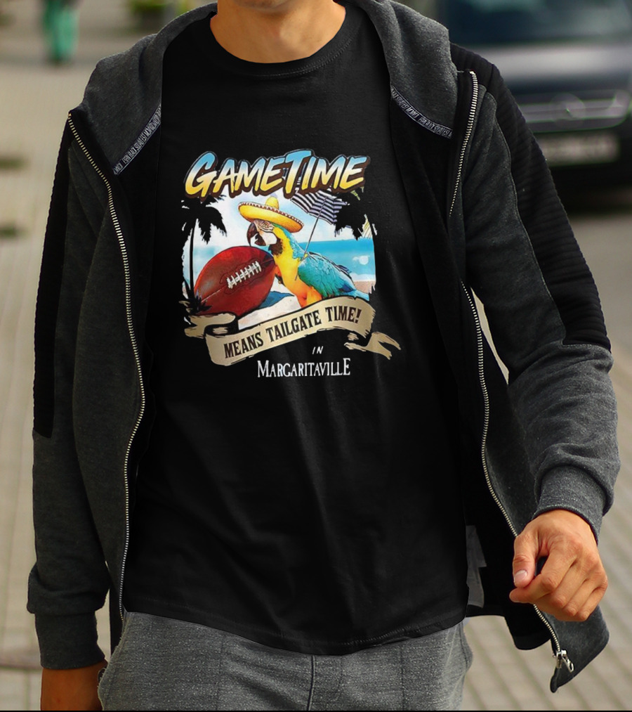 Game Time Means Tailgate Time In Margaritaville Football Parrot Beach Scene T-Shirt