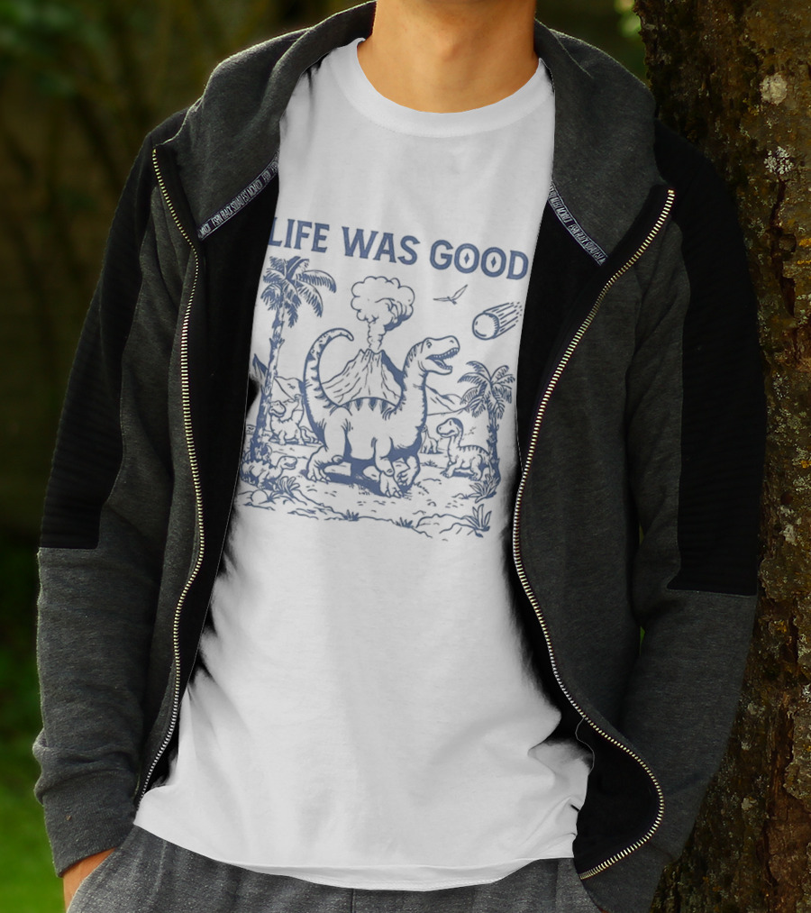 Life Was Good Dinosaur Meteor Volcano Scene T-Shirt