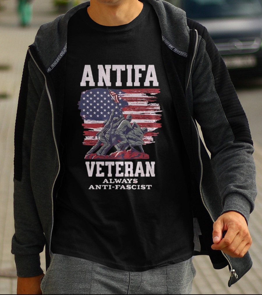 Antifa Veteran Always Anti-Fascist American Flag Iwo Jima Scene T-Shirt