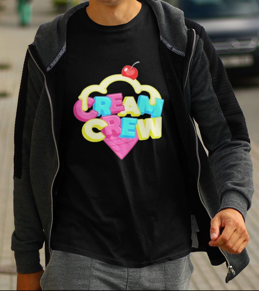 CREAM CREW Ice Cream Cone Cherry Top Colorful Text T-Shirt