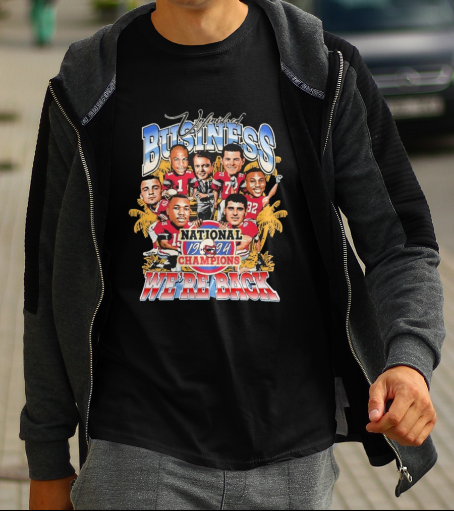 Unfinished Business We're Back National Champions 1994 Cartoon Football Team Players Palm Trees T-Shirt