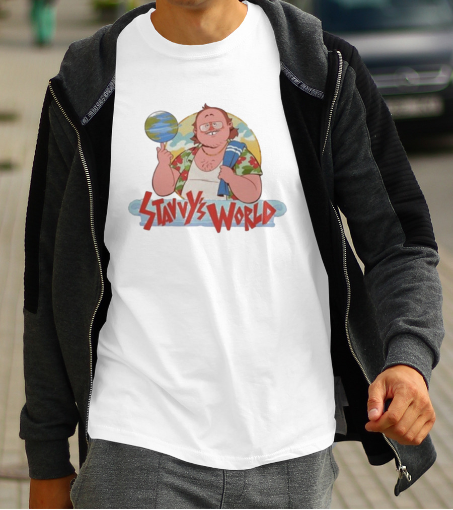 Stavvy's World Cartoon Style Adventure Stavros Halkias Comedic Character With Globe T-Shirt