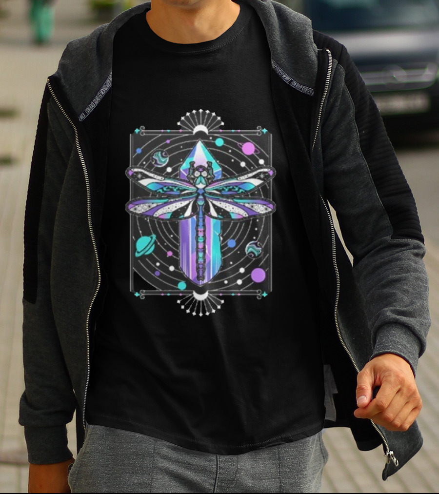 Inzo Soft Landing Psychedelic Dragonfly Crystal Space Planets T-Shirt