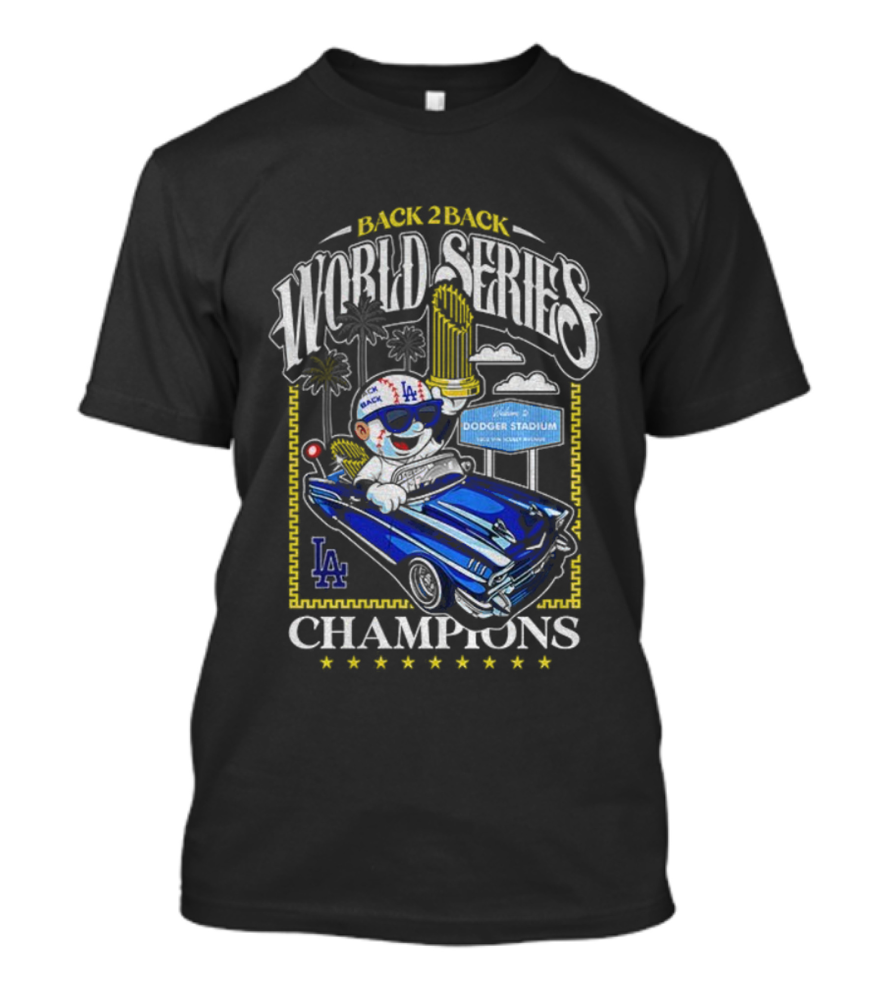 Back 2 Back World Series Champions Los Angeles Dodgers Dodger Stadium Vintage Car Celebration T-Shirt