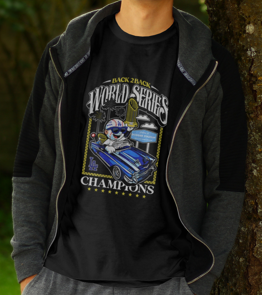Back 2 Back World Series Champions Los Angeles Dodgers Dodger Stadium Vintage Car Celebration T-Shirt