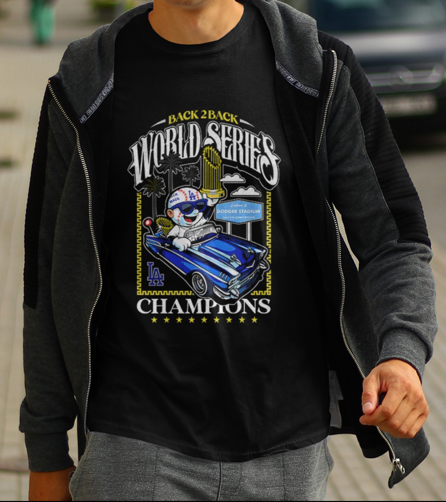 Back 2 Back World Series Champions Los Angeles Dodgers Dodger Stadium Vintage Car Celebration T-Shirt