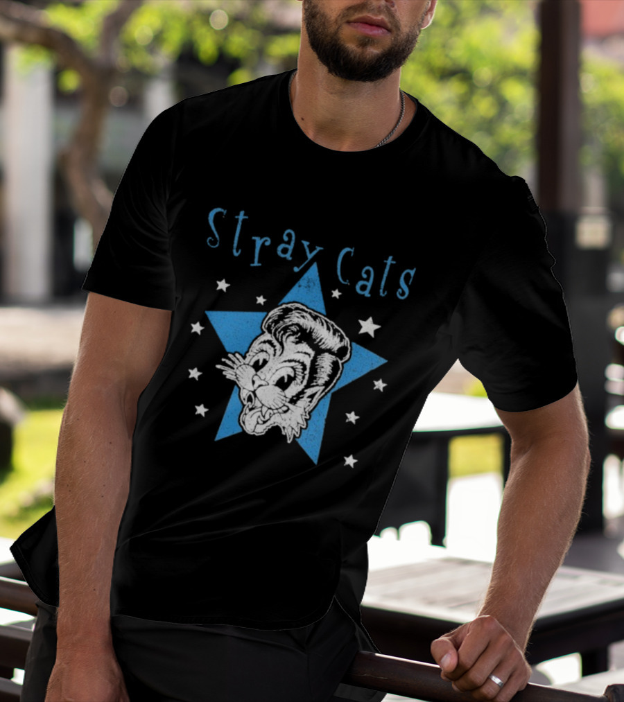 Stray Cats Rockabilly Star Cartoon Face With Blue Star T-Shirt