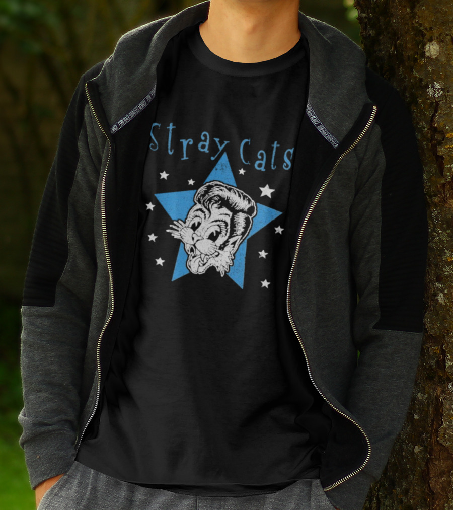 Stray Cats Rockabilly Star Cartoon Face With Blue Star T-Shirt