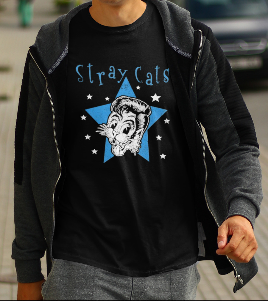Stray Cats Rockabilly Star Cartoon Face With Blue Star T-Shirt