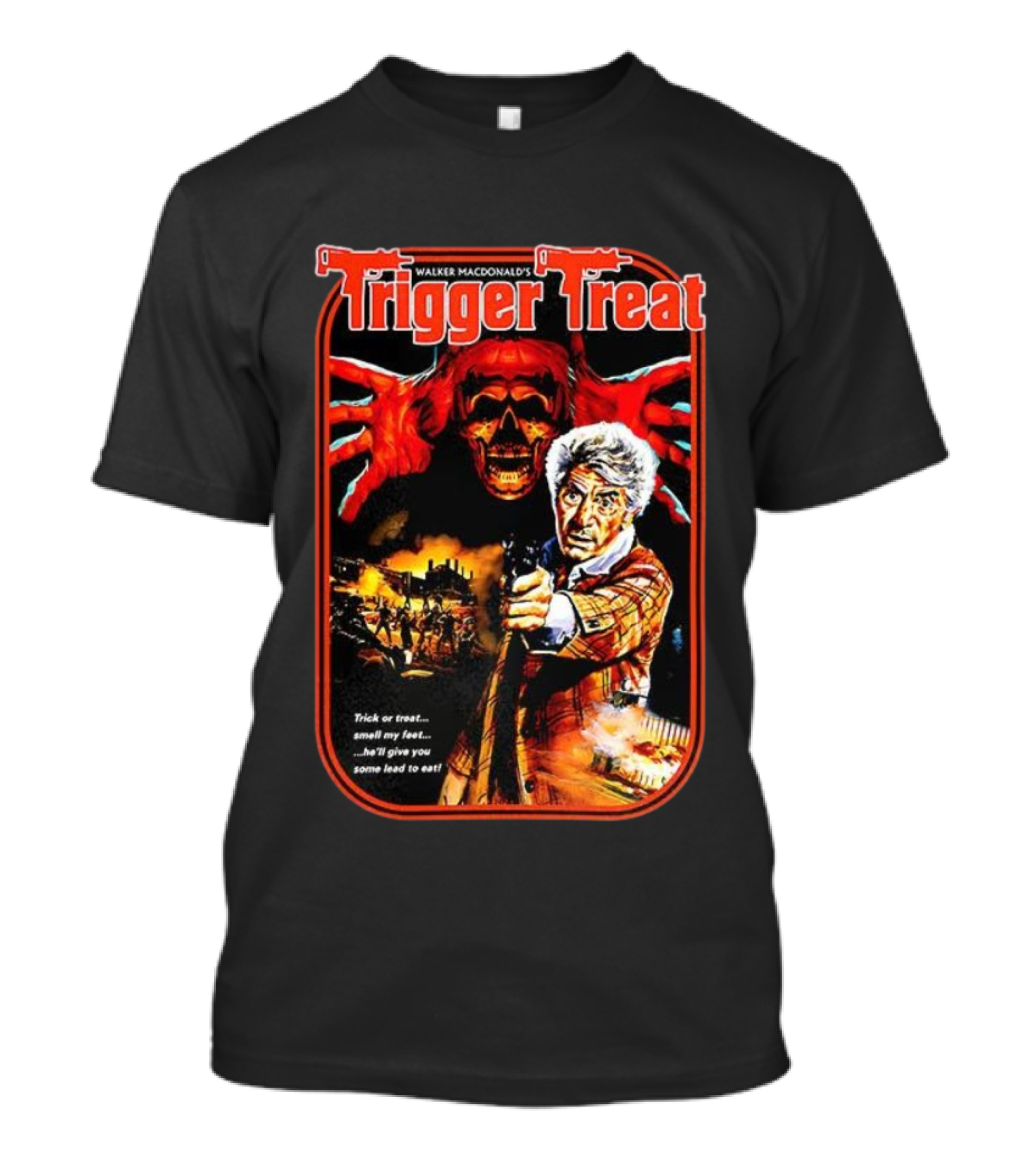 Walker Macdonald’s Trigger Treat Trick Or Treat Horror Skull And Shooter Scene T-Shirt