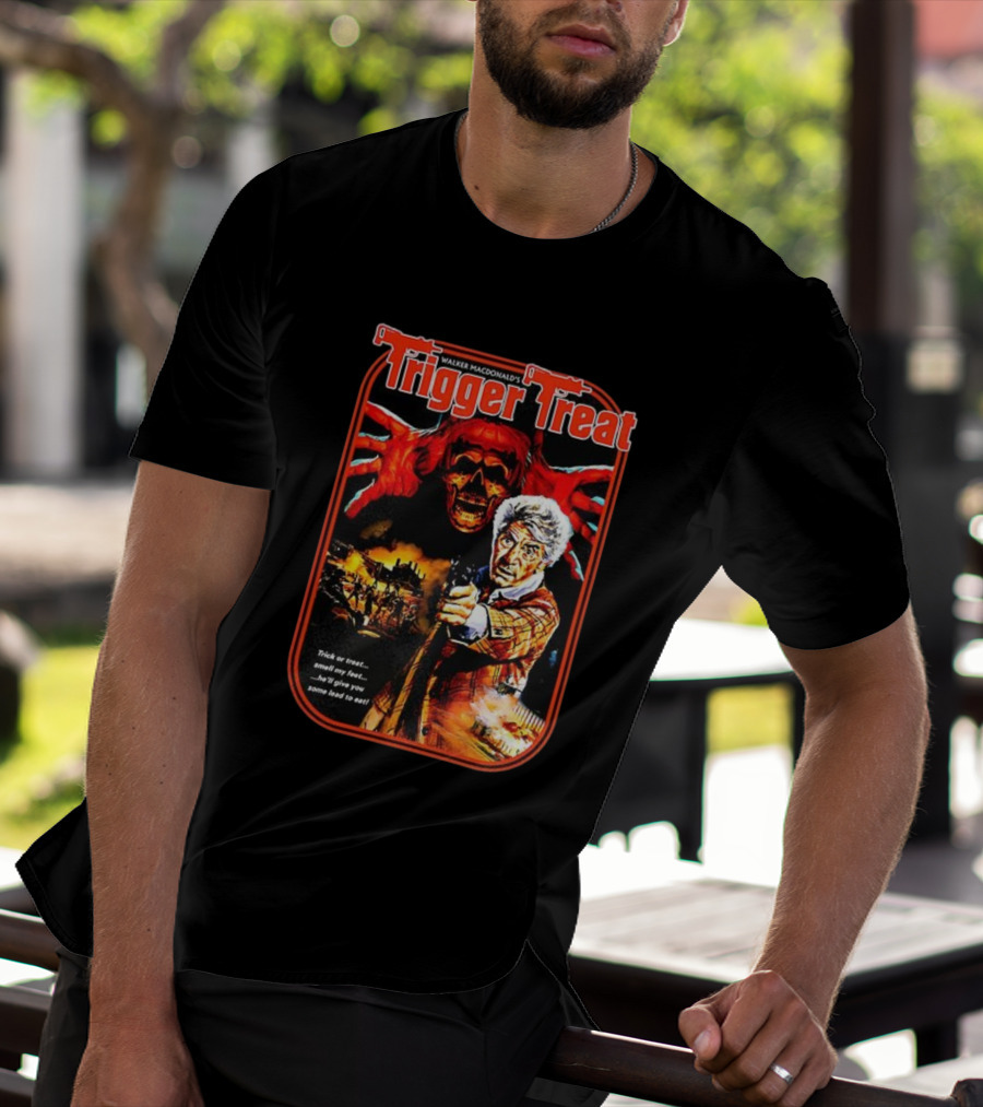 Walker Macdonald’s Trigger Treat Trick Or Treat Horror Skull And Shooter Scene T-Shirt