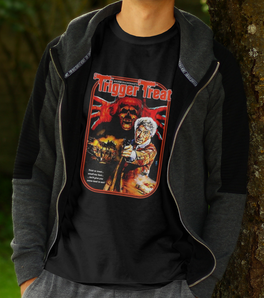 Walker Macdonald’s Trigger Treat Trick Or Treat Horror Skull And Shooter Scene T-Shirt
