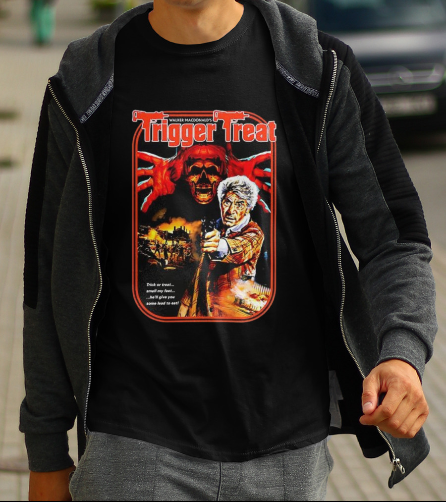 Walker Macdonald’s Trigger Treat Trick Or Treat Horror Skull And Shooter Scene T-Shirt
