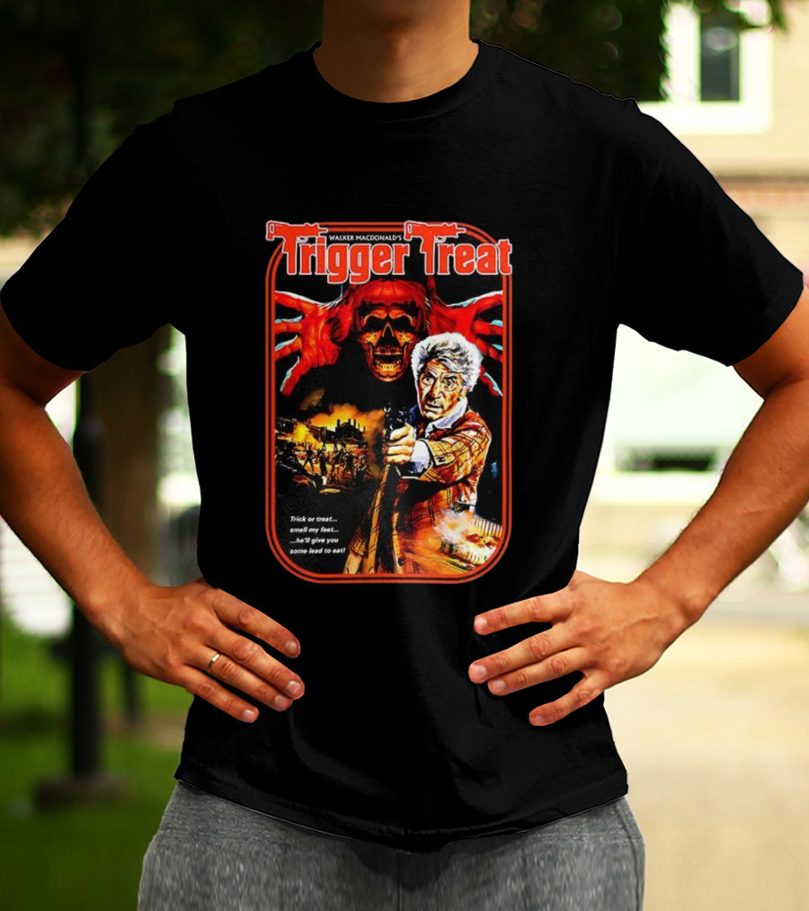 Walker Macdonald’s Trigger Treat Trick Or Treat Horror Skull And Shooter Scene T-Shirt