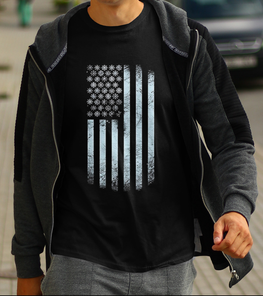Winter Snowflakes American Flags Blue Stripe USA T-Shirt