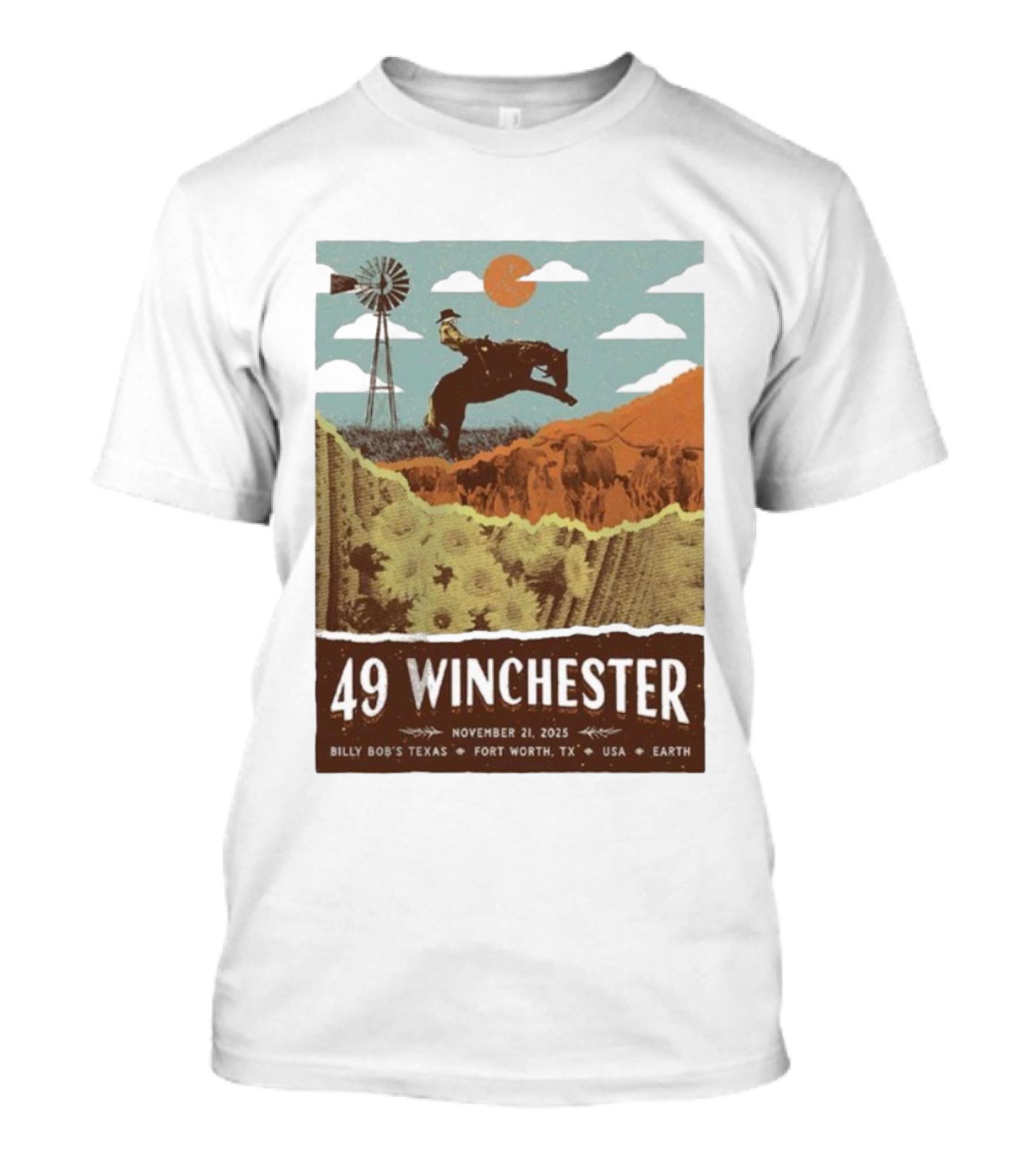49 Winchester Fort Worth TX Billy Bob’s Texas November 21 2025 Cowboy Windmill Scene T-Shirt