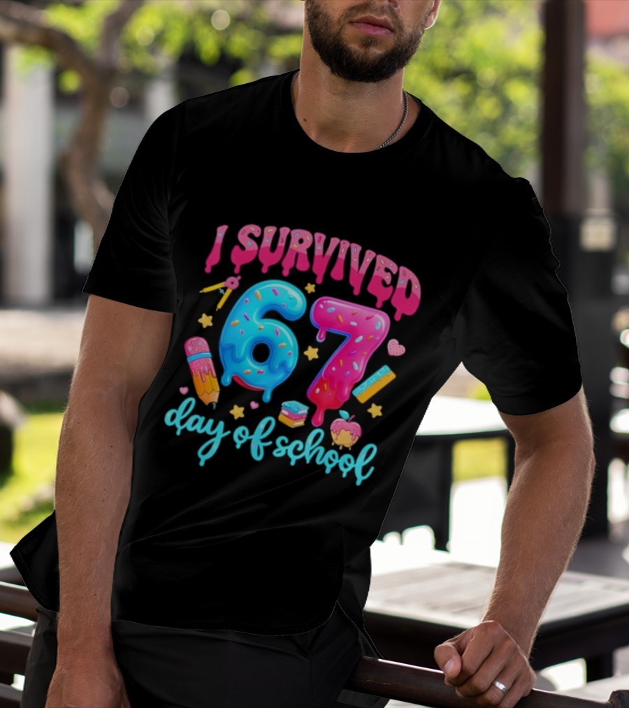 I Survived 67 Days Of School Pencil Cupcake Book Stars Hearts T-Shirt