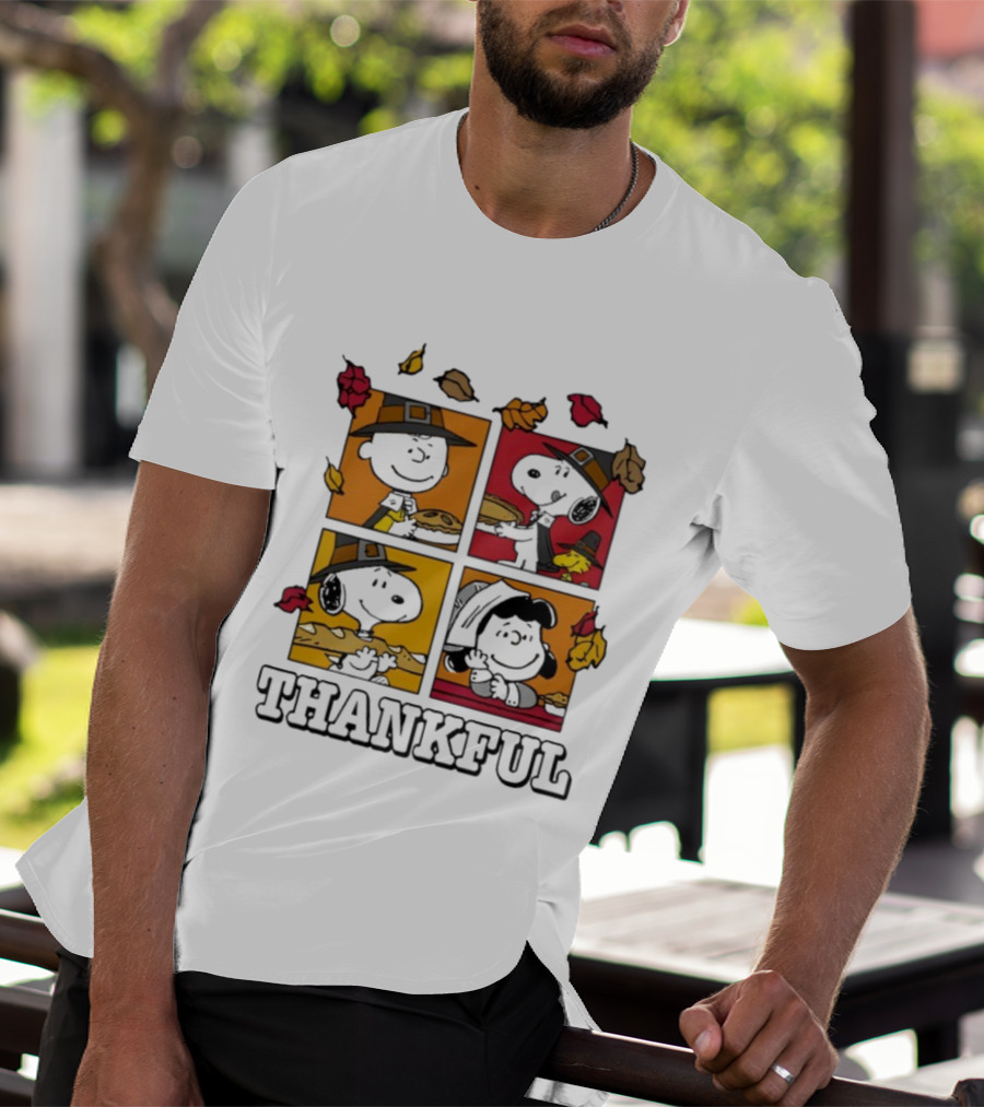Snoopy Pilgrim Thanksgiving Thankful Leaves And Pie T-Shirt