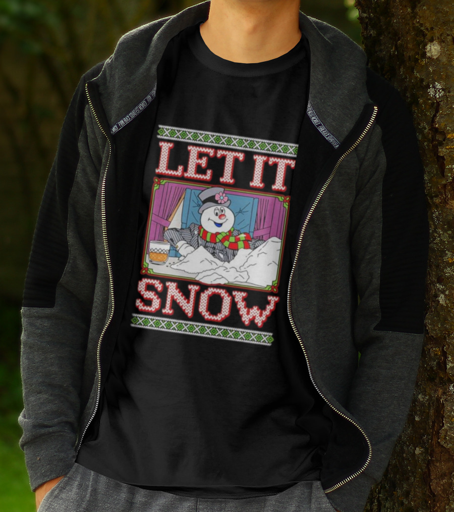 Let It Snow Christmas Snowman With Snow And Drink Scene T-Shirt