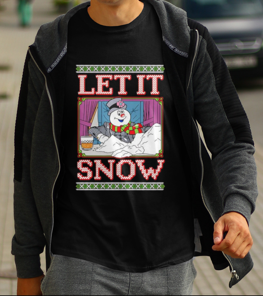 Let It Snow Christmas Snowman With Snow And Drink Scene T-Shirt