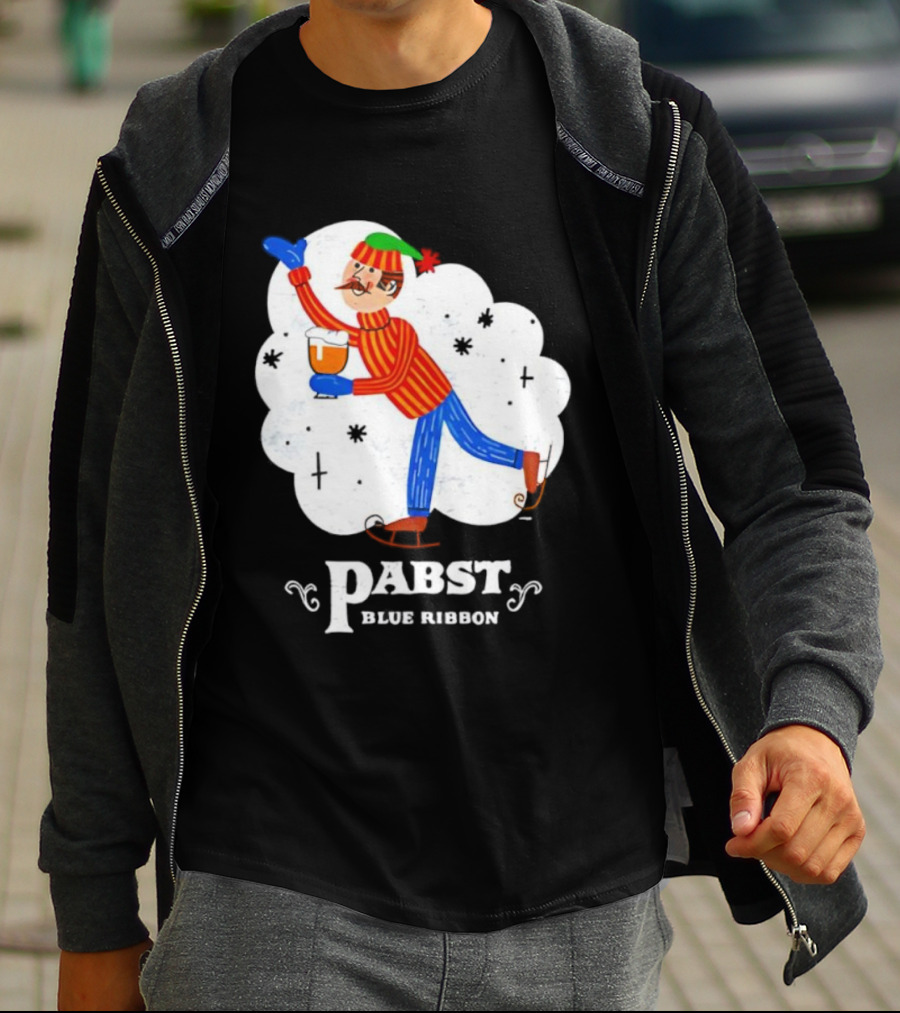 Pabst Blue Ribbon Vintage Holiday Ice Skating Elf T-Shirt