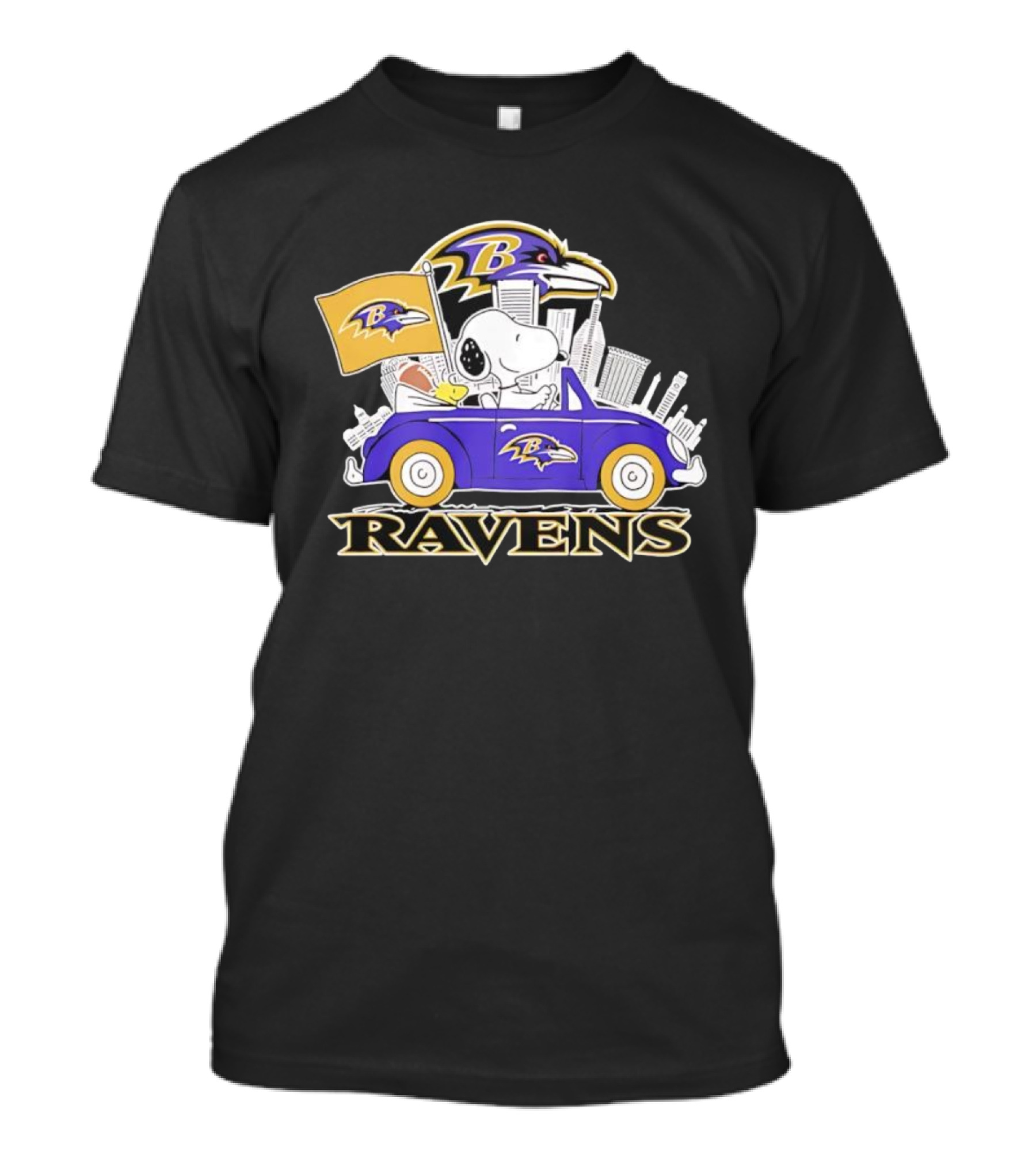 Snoopy Driving Baltimore Ravens Car Peanuts Collaboration With Flag And Raven Logo T-Shirt
