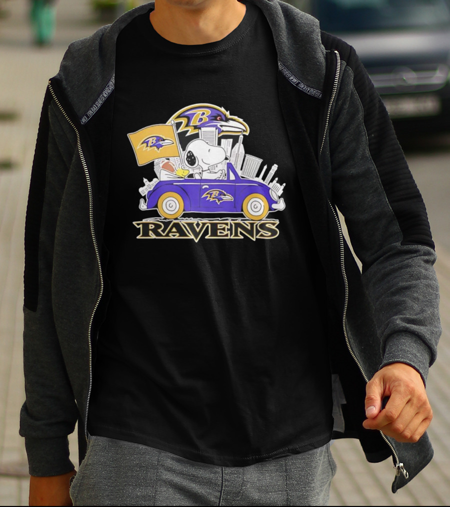 Snoopy Driving Baltimore Ravens Car Peanuts Collaboration With Flag And Raven Logo T-Shirt