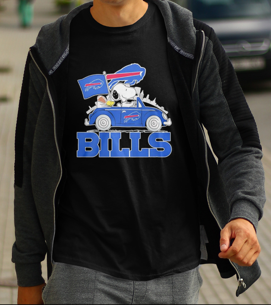 Peanuts Buffalo Bills Driving Car With Flag And Football T-Shirt