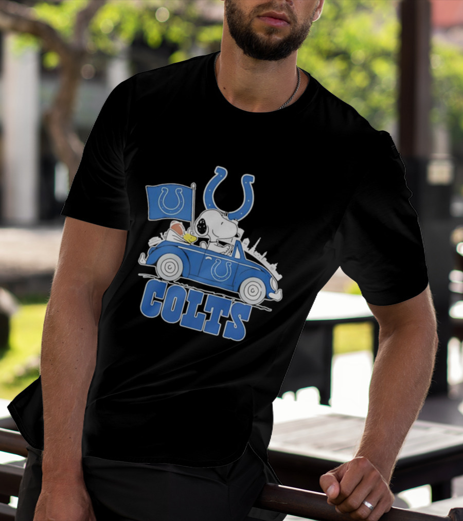 Peanuts Indianapolis Colts Snoopy Driving Car With Mascot Flag T-Shirt
