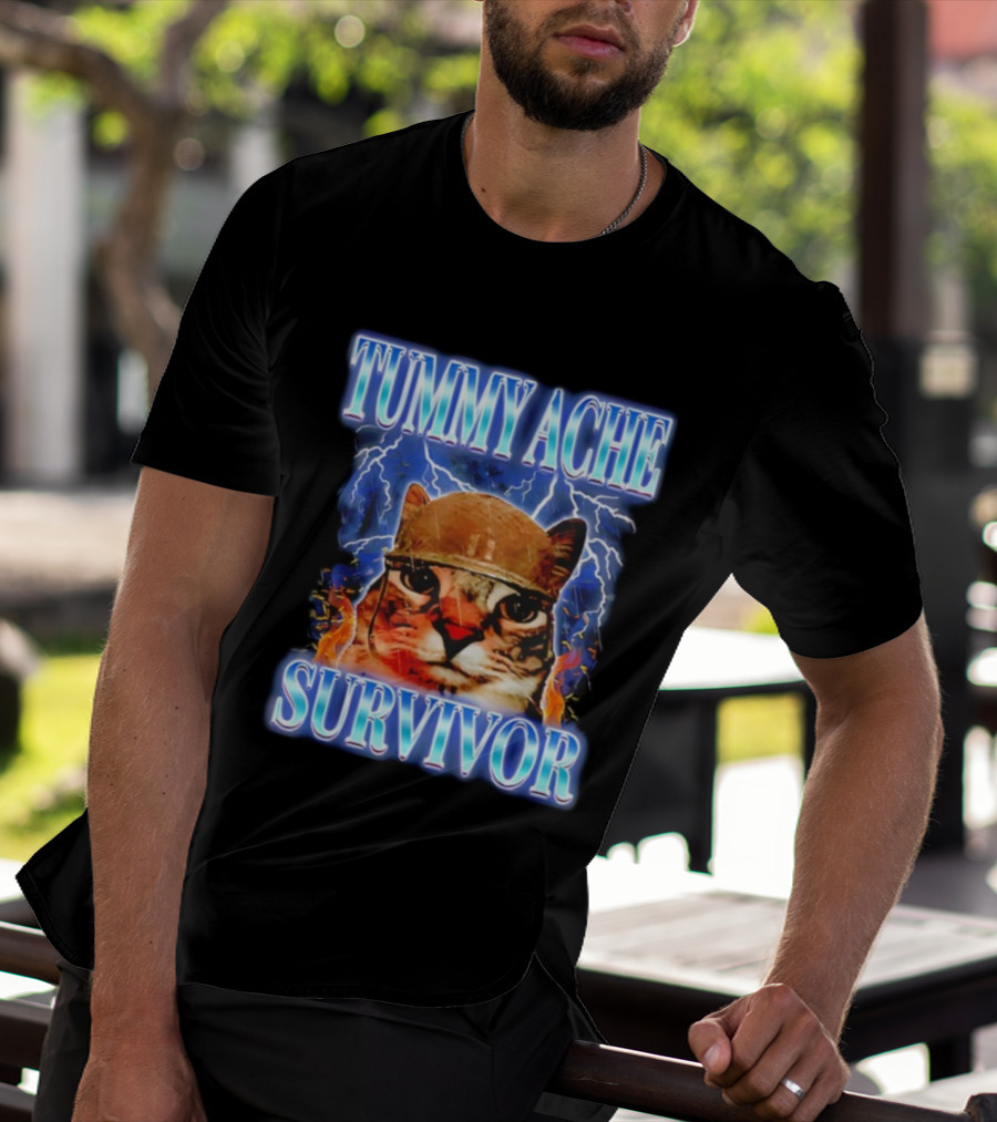 Tummy Ache Survivor Cat Meme Lightning Background T-Shirt