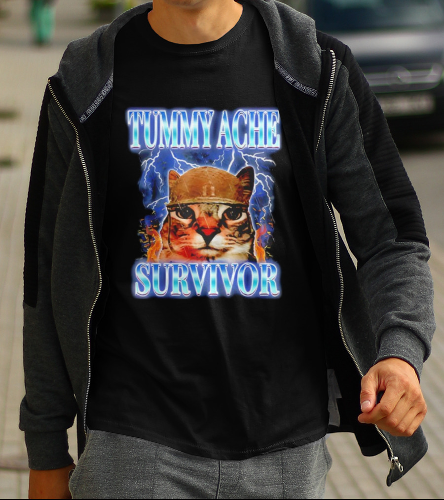 Tummy Ache Survivor Cat Meme Lightning Background T-Shirt