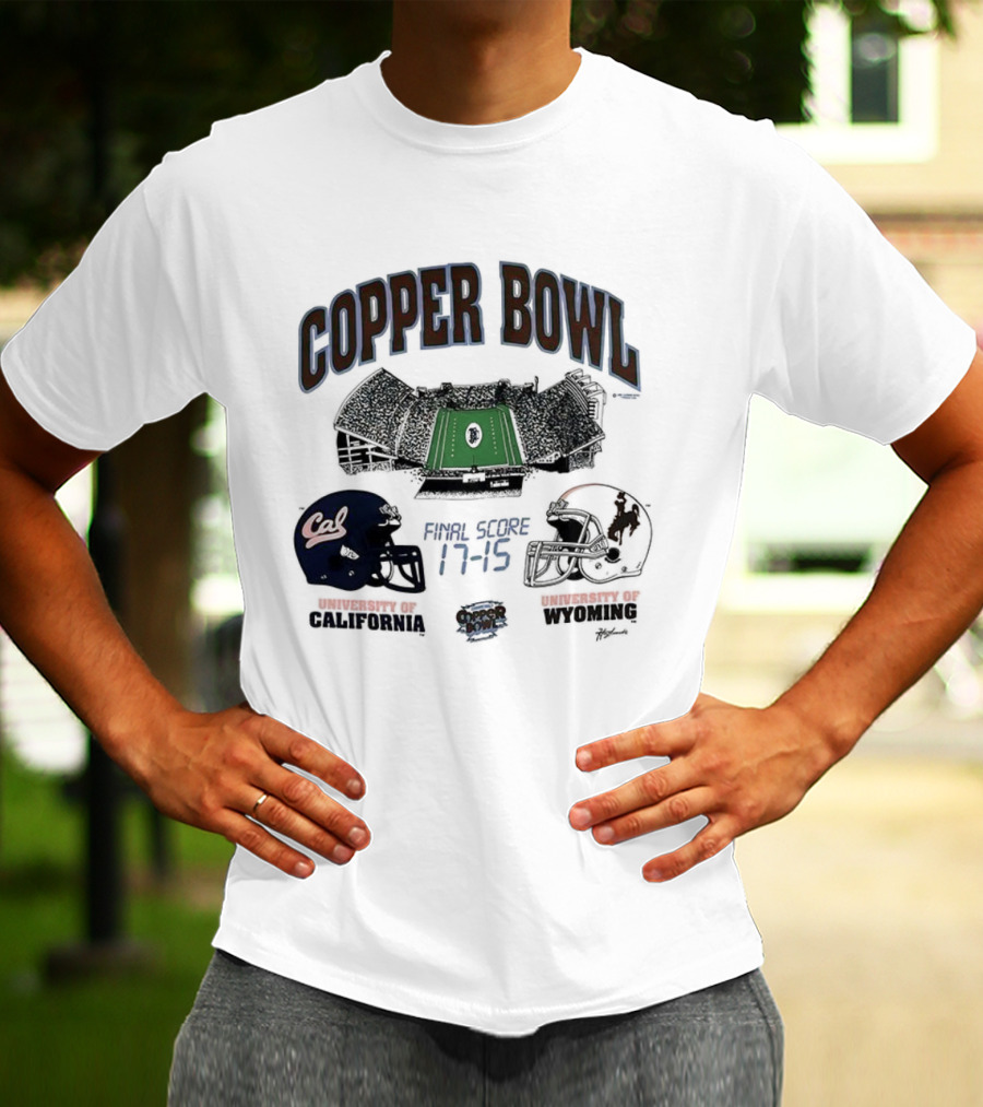 Copper Bowl Final Score 17-15 University Of Cal Vs Wyoming Football Helmets Stadium T-Shirt