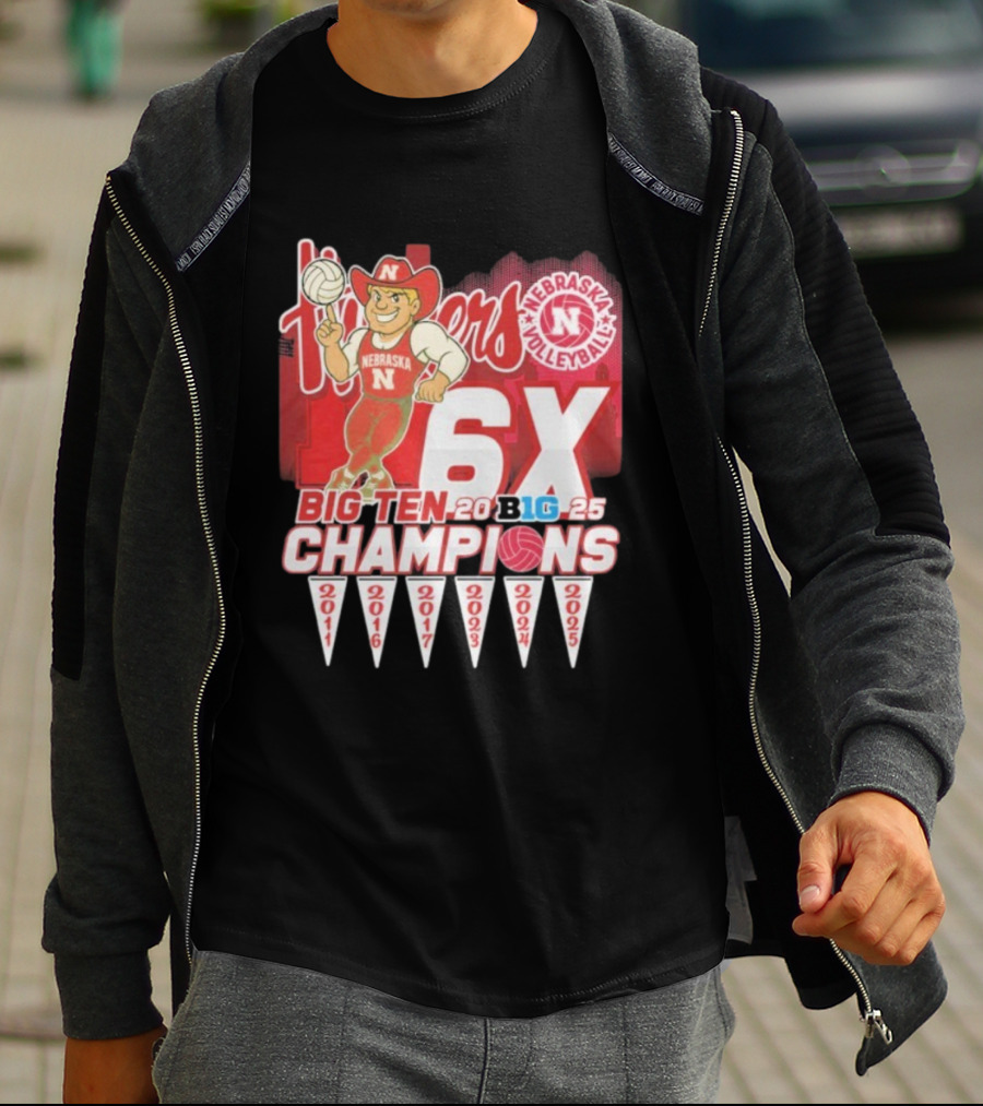 Nebraska Volleyball Big Ten Champions 2025 6X Cornhuskers Mascot T-Shirt