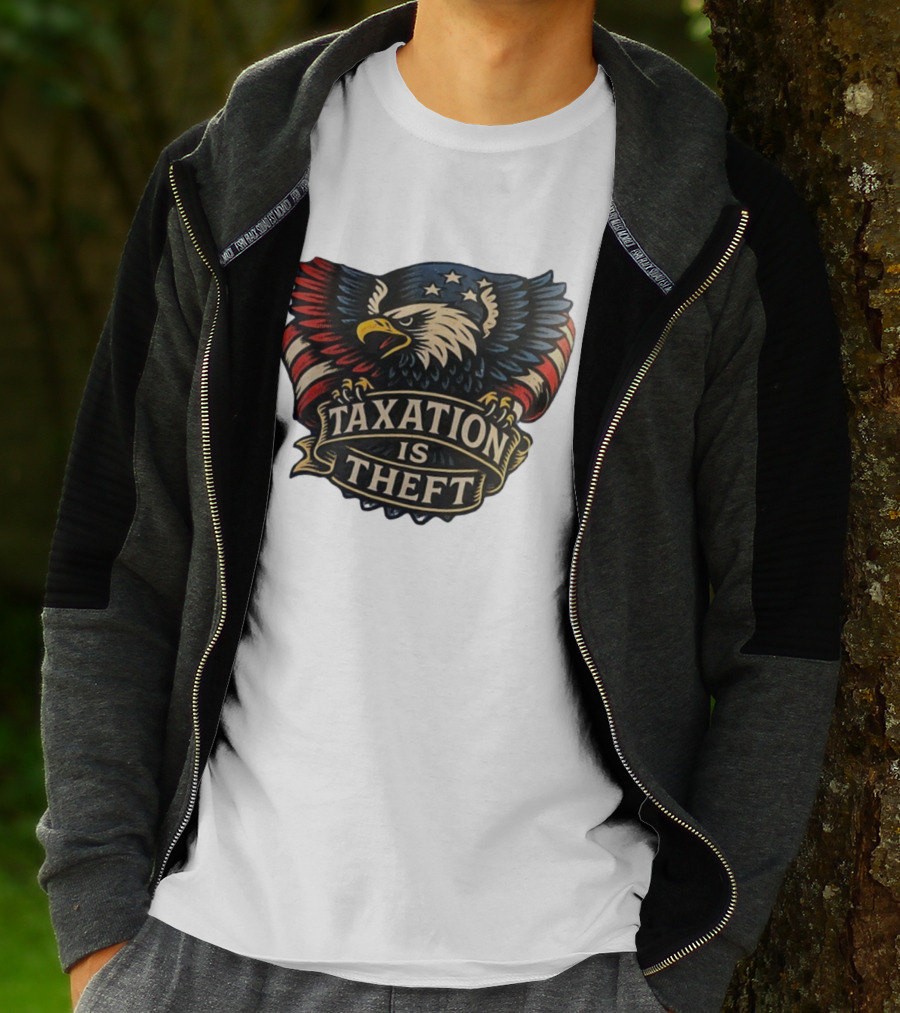 American Eagle With Stars And Stripes Banner Taxation Is Theft T-Shirt
