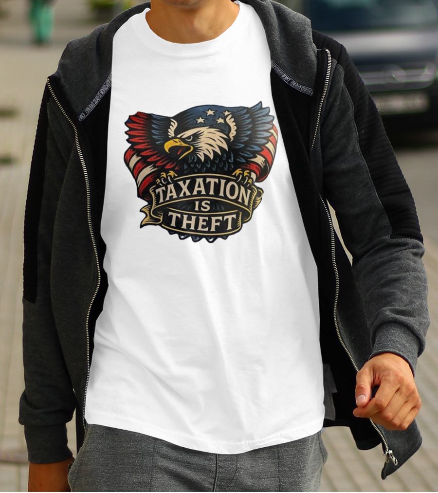 American Eagle With Stars And Stripes Banner Taxation Is Theft T-Shirt