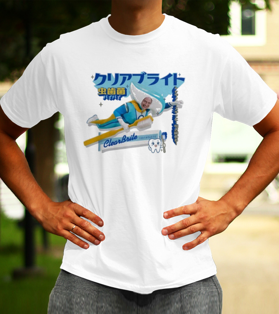 Clearbrite Toothpaste Flying Hero With Toothbrush And Japanese Text T-Shirt
