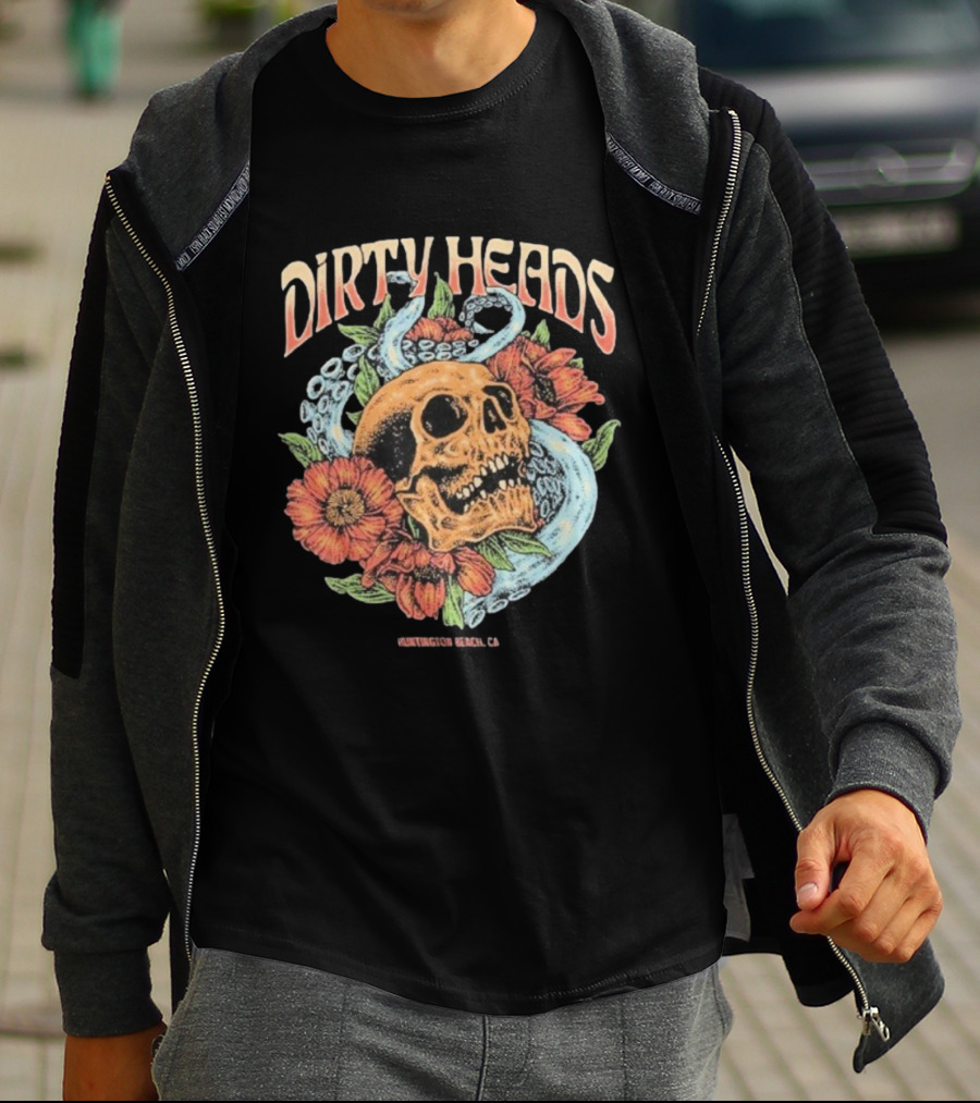 Dirty Heads Huntington Beach CA Skull Octopus Floral T-Shirt