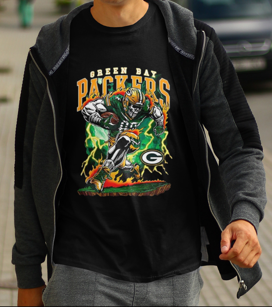 Green Bay Packers Skeleton Player Football Lightning Burst T-Shirt