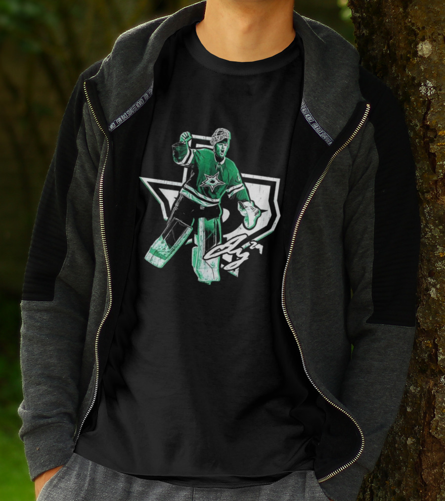Jake Oettinger Dallas Stars NHL Texas Goalie Iconic Green White Gear T-Shirt