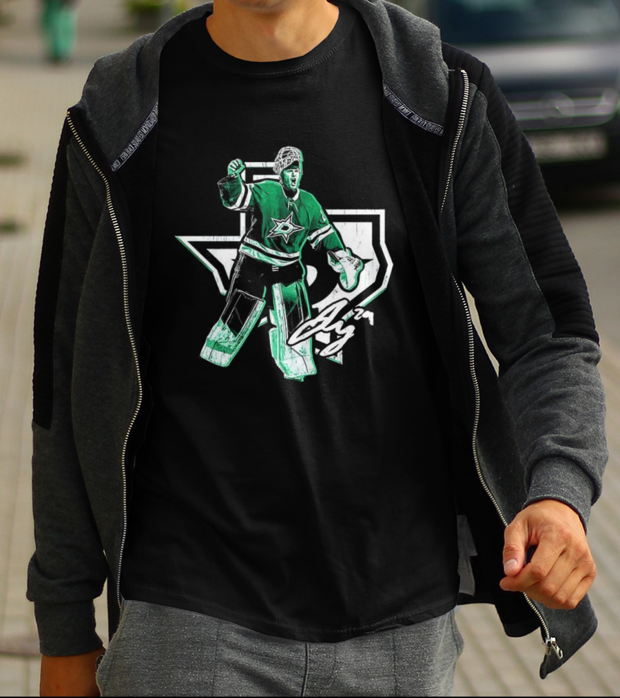 Jake Oettinger Dallas Stars NHL Texas Goalie Iconic Green White Gear T-Shirt